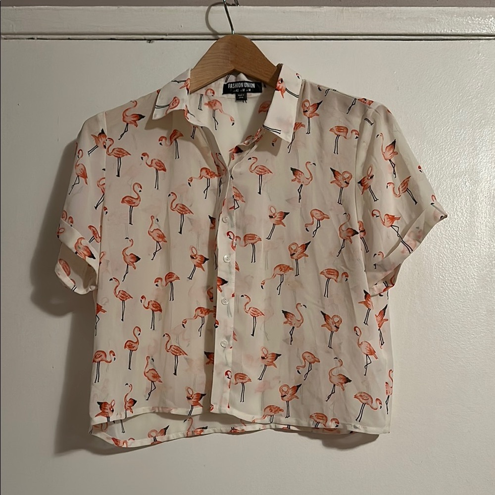 Flamingo Print Button-Up Shirt